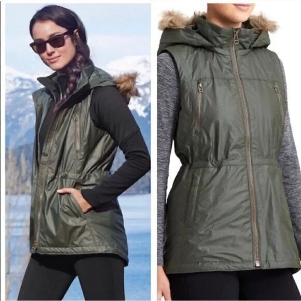 Athleta Green Alpine Air Vest Faux Fur Removable Hood Zip Pockets Size Large - Picture 1 of 9